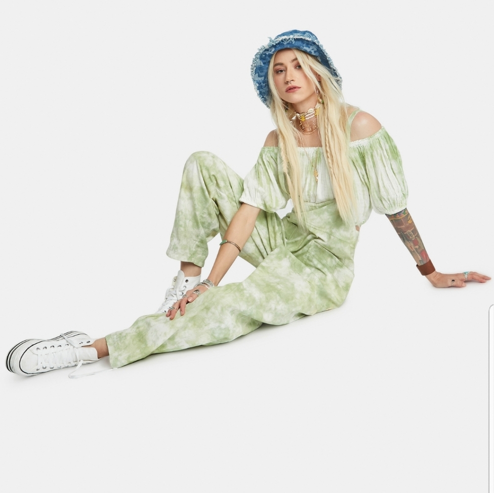 Free People Stroll In Kyoto Green White Tie-Dyed Set Size Medium